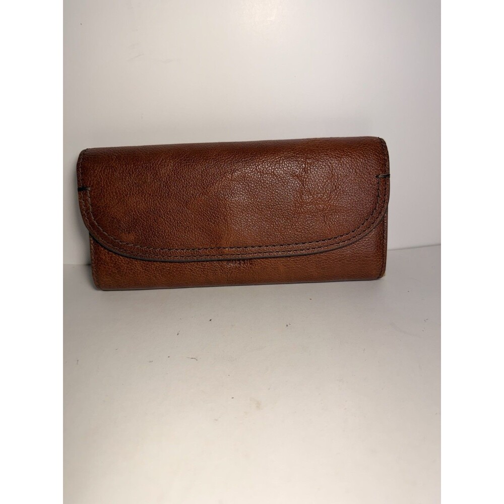 Fossil Brown Pebbled Leather Flap Continental Clutch Wallet Brass Hardware